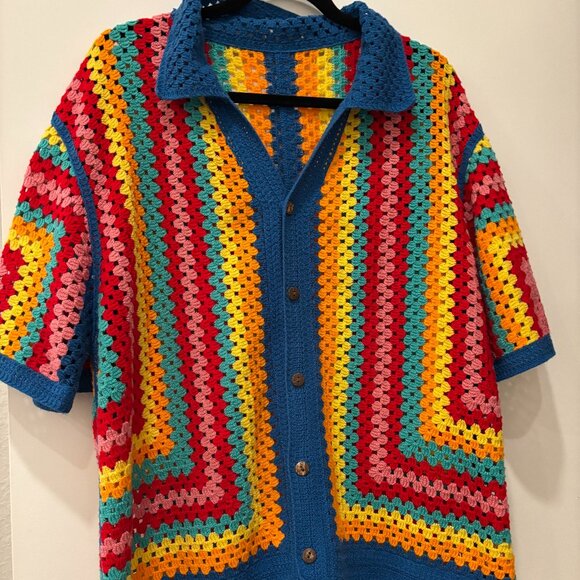 Women's Multi colored hand knit shortsleeved collared Cardigan - Picture 1 of 5